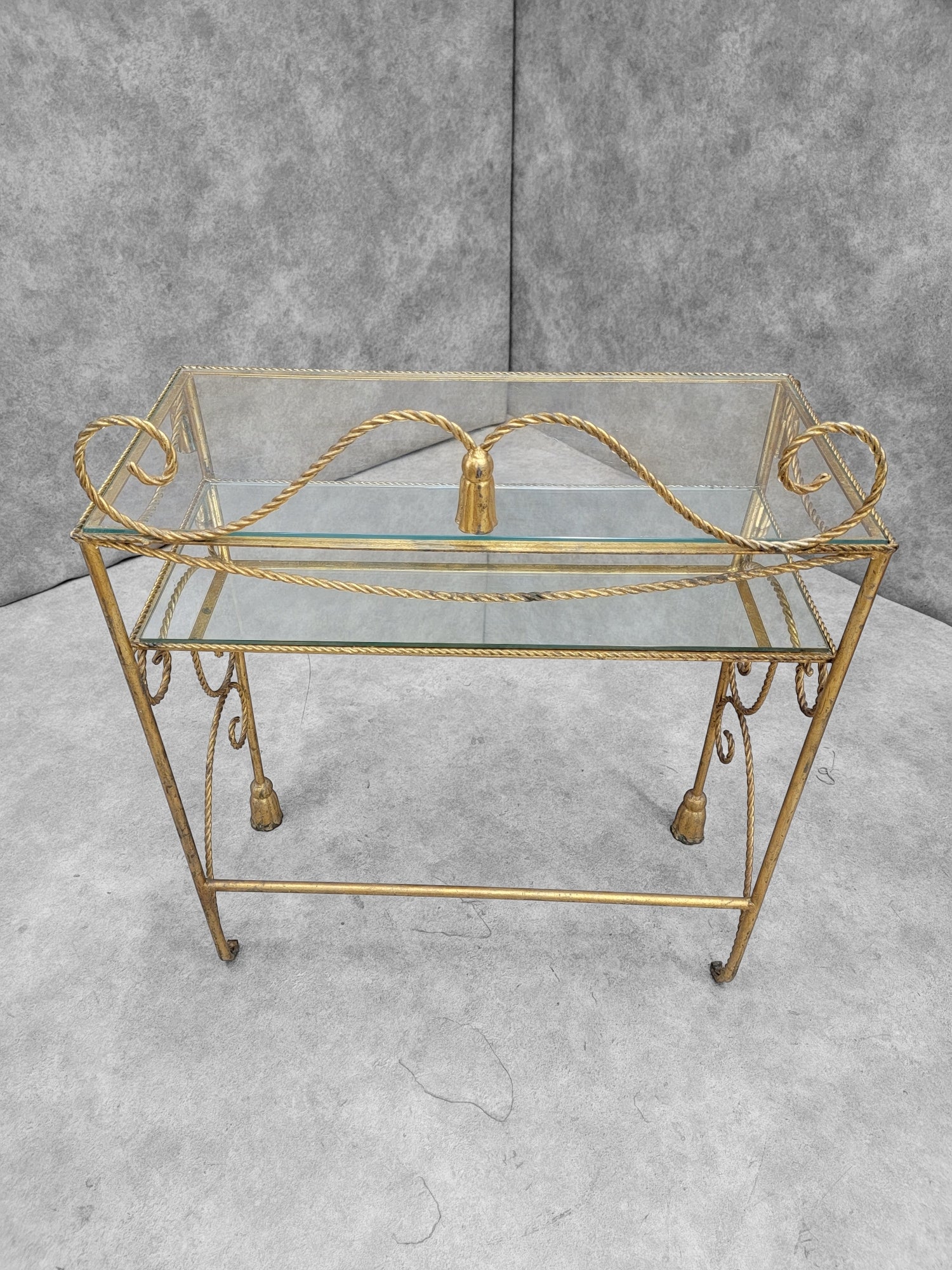 Antique Italian Two Tier Gilt Rope with Tassels Vanity/Dry-Bar Console Table