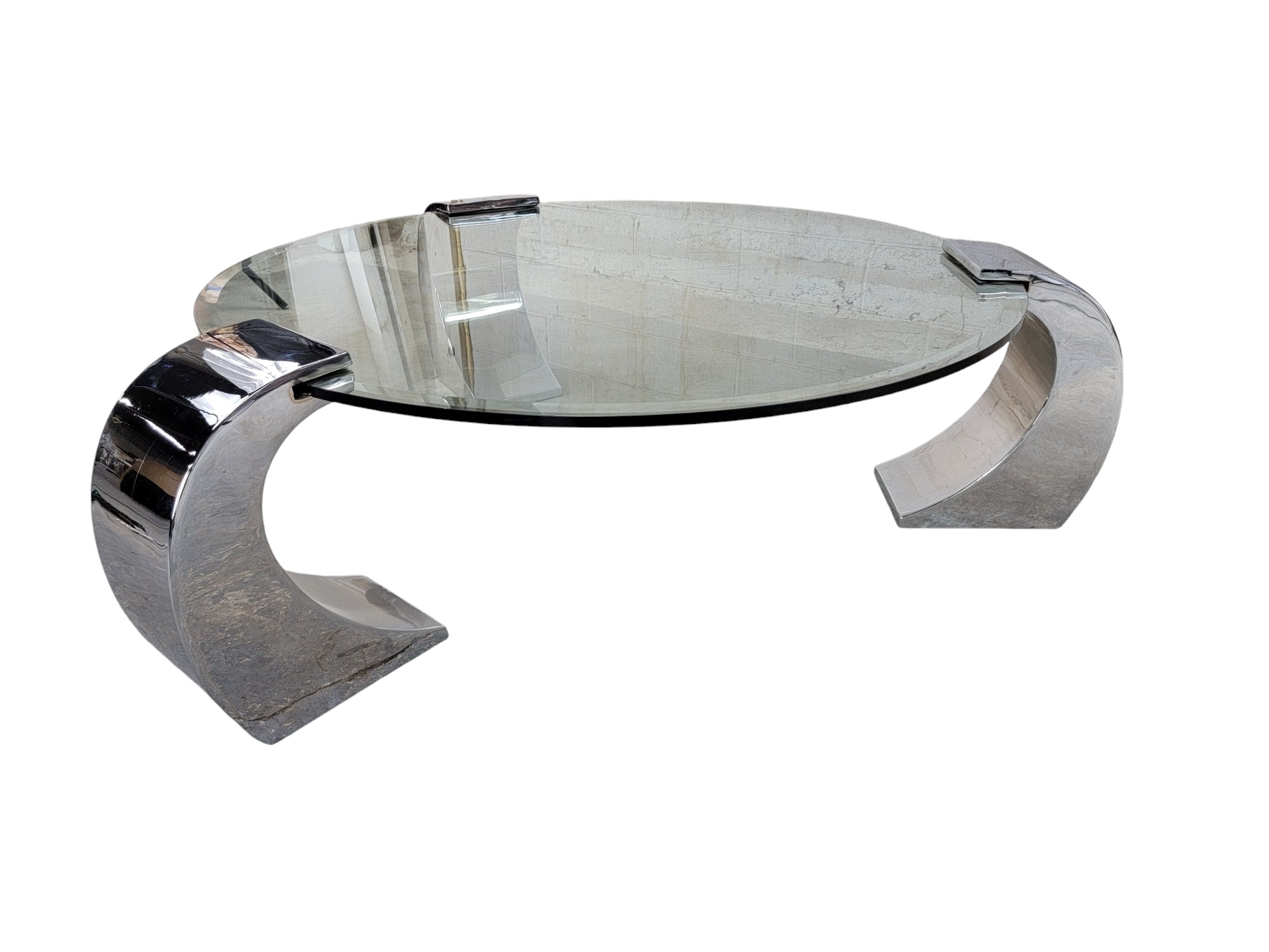 Postmodern Karl Spinger Style Beveled Glass Chrome Waterfall Cantilever Leg Coffee Table