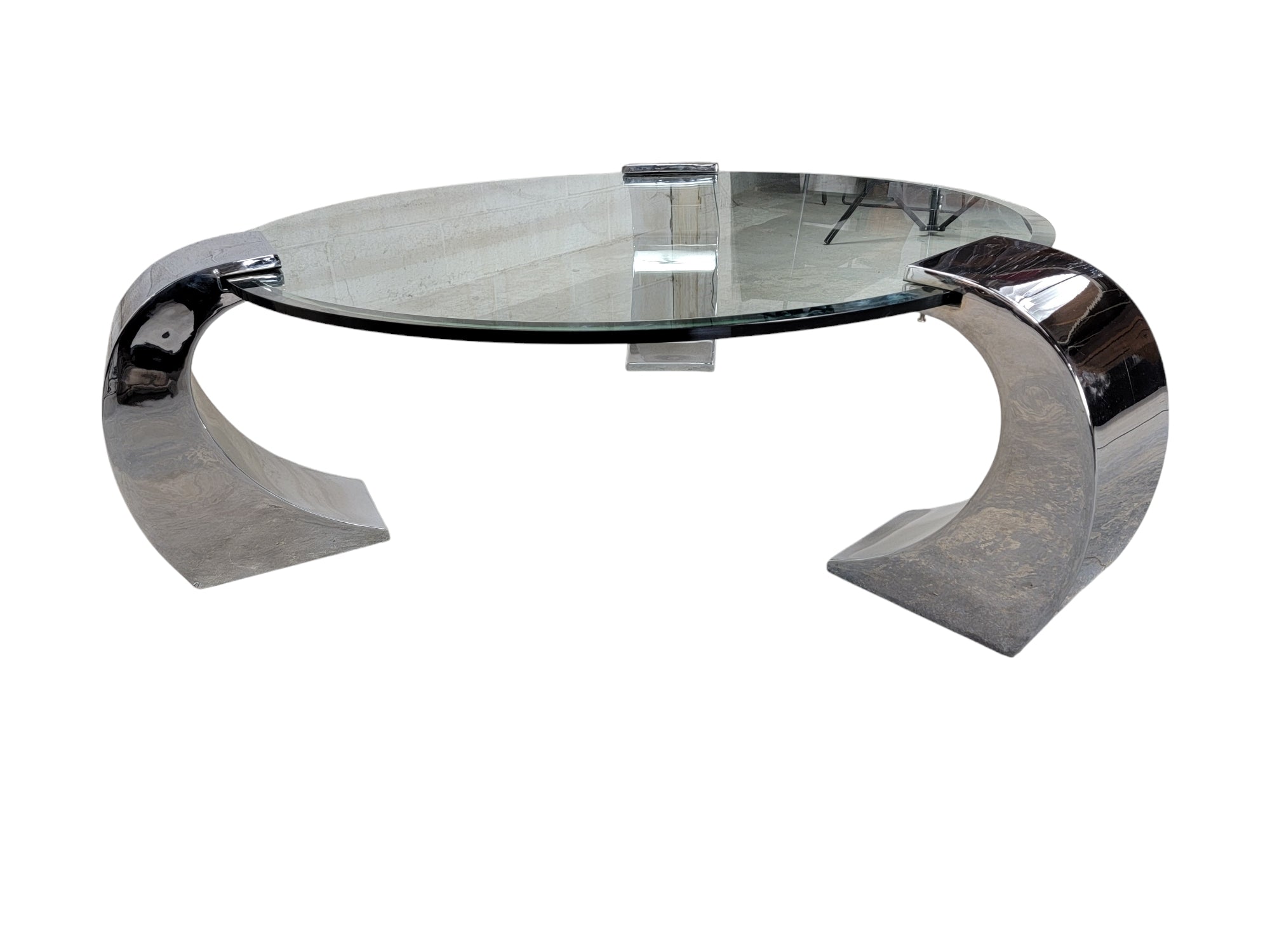 Postmodern Karl Spinger Style Beveled Glass Chrome Waterfall Cantilever Leg Coffee Table