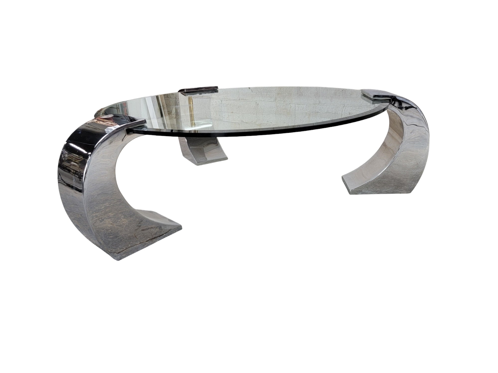 Postmodern Karl Spinger Style Beveled Glass Chrome Waterfall Cantilever Leg Coffee Table