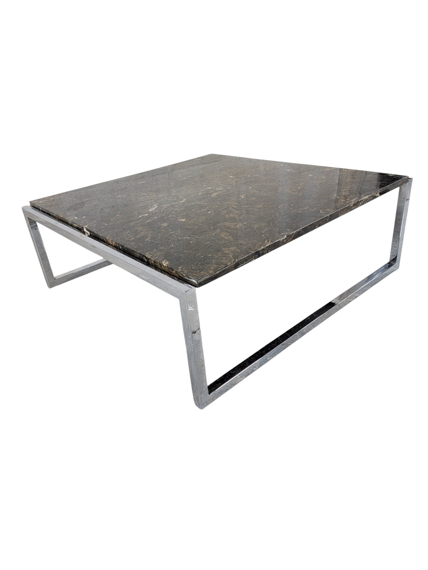 Mid Century Modern Italian Polished Granite Chrome Sled Base Square Coffee Table