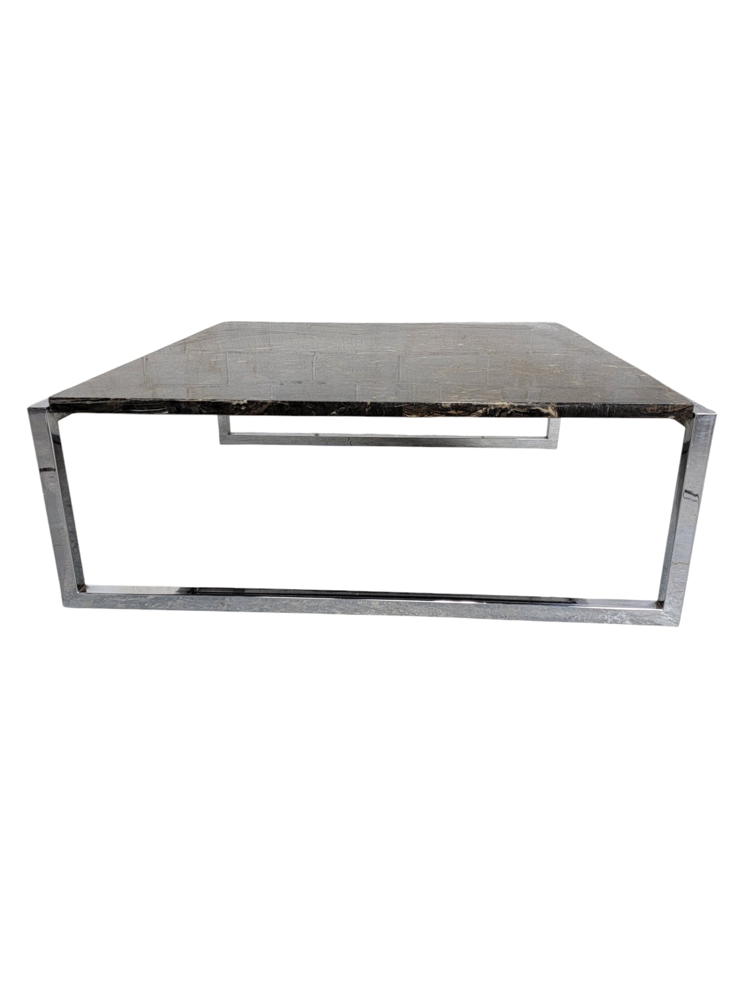 Mid Century Modern Italian Polished Granite Chrome Sled Base Square Coffee Table