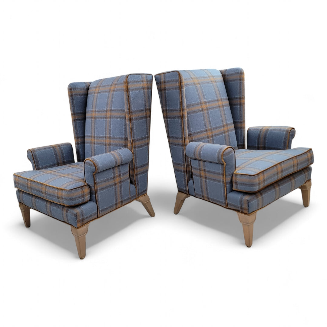 Mid Century Modern Italian Wingback Lounge Chairs Newly Upholstered in Plaid Wool - Pair