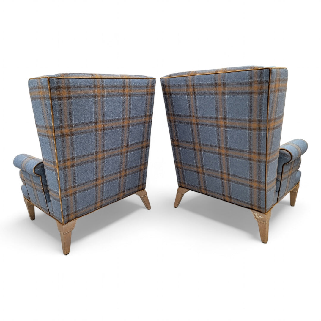 Mid Century Modern Italian Wingback Lounge Chairs Newly Upholstered in Plaid Wool - Pair