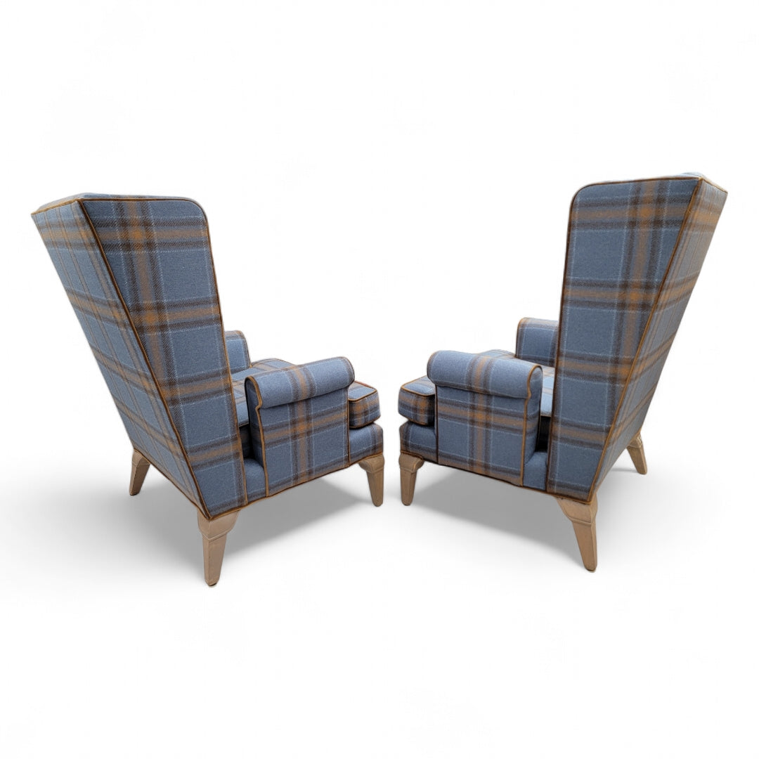 Mid Century Modern Italian Wingback Lounge Chairs Newly Upholstered in Plaid Wool - Pair