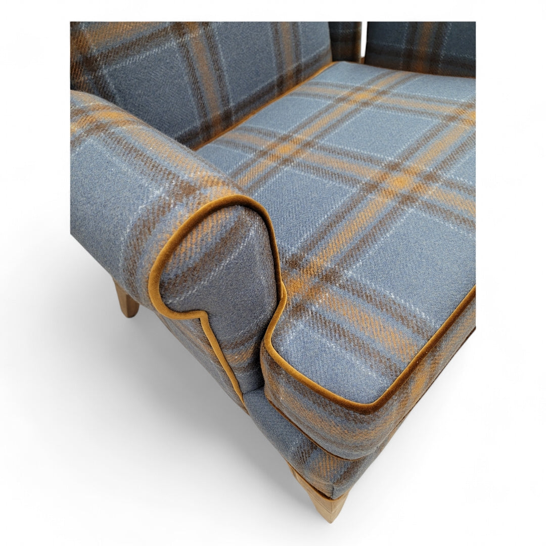 Mid Century Modern Italian Wingback Lounge Chairs Newly Upholstered in Plaid Wool - Pair