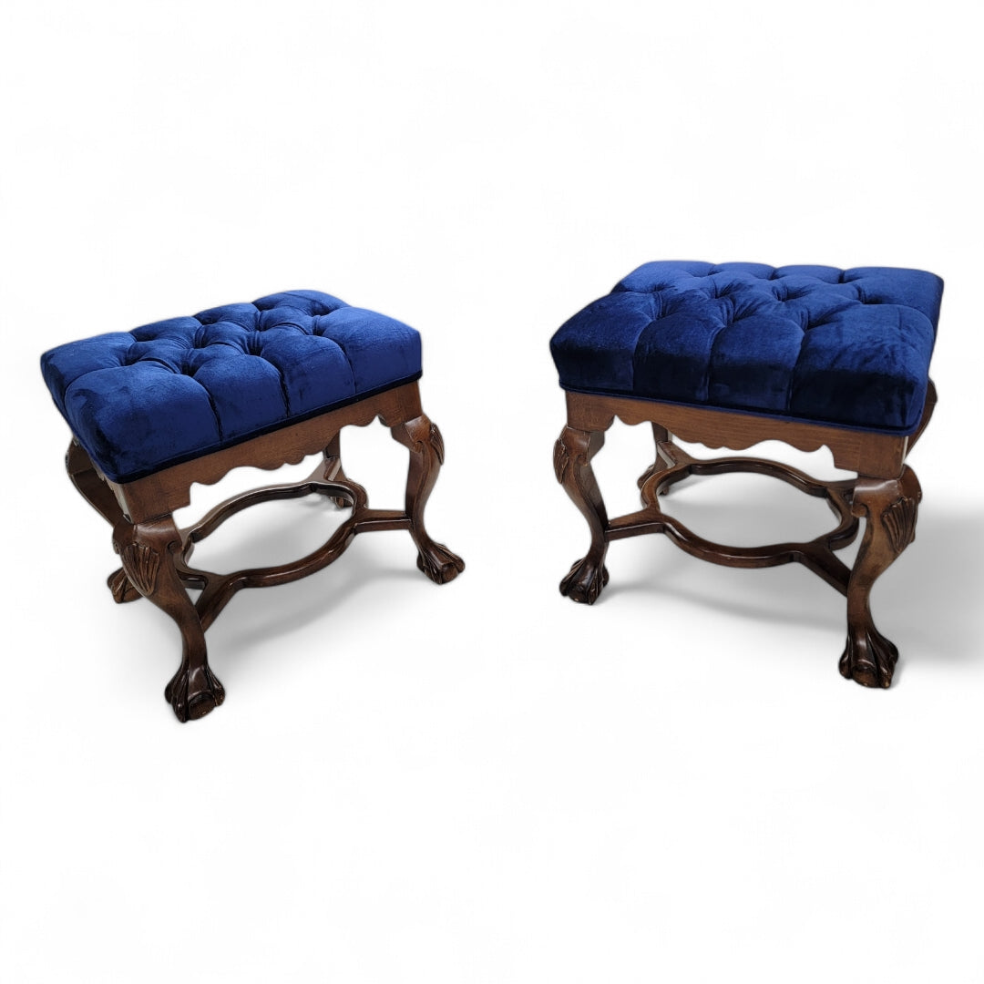 Antique Mahogany Chippendale Tufted Bench/Ottomans Newly Upholstered in Italian Velvet - Pair