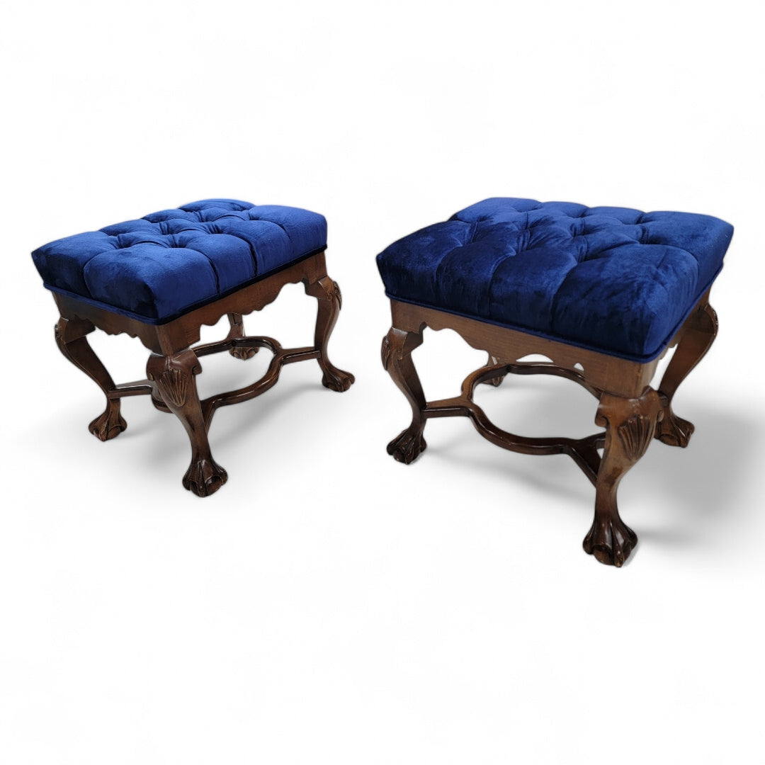 Antique Mahogany Chippendale Tufted Bench/Ottomans Newly Upholstered in Italian Velvet - Pair