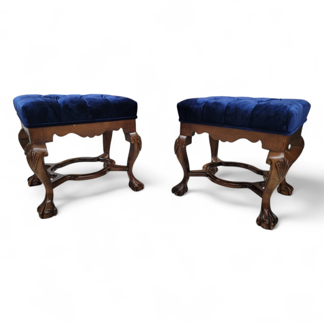 Antique Mahogany Chippendale Tufted Bench/Ottomans Newly Upholstered in Italian Velvet - Pair