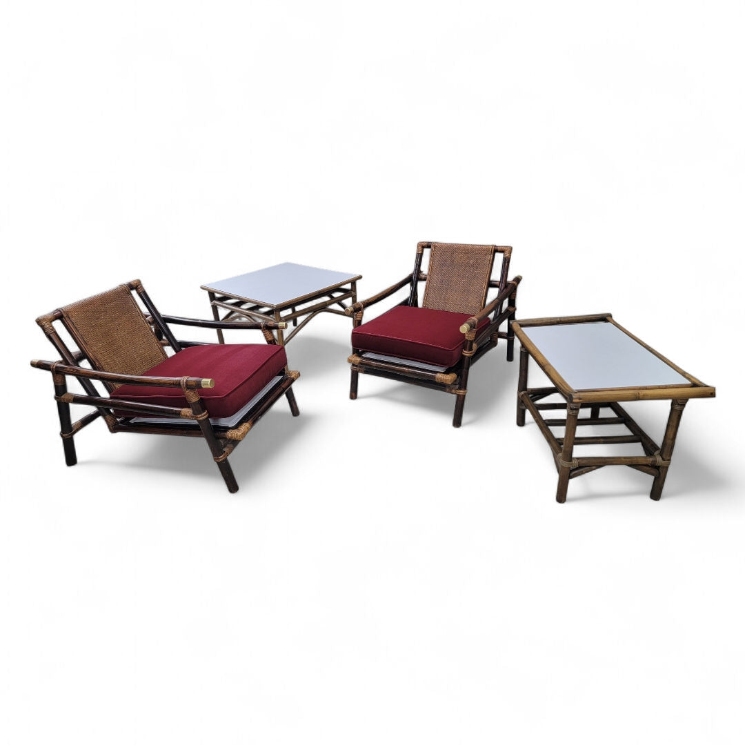 NEW - Mid Century John Winser Set of Chinoiserie Bamboo w/ Brass Rattan Pagoda Lounge Set