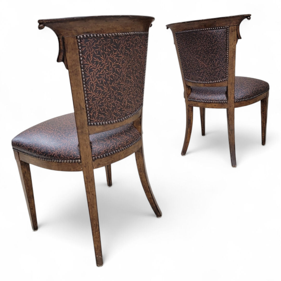 NEW - English Regency Styled Ash Wood Patterned Brown Leather Upholstered Nail Head Trim Dining Chairs - Set of 8
