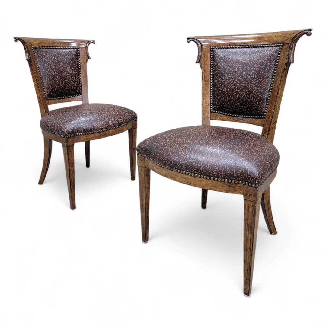 NEW - English Regency Styled Ash Wood Patterned Brown Leather Upholstered Nail Head Trim Dining Chairs - Set of 8
