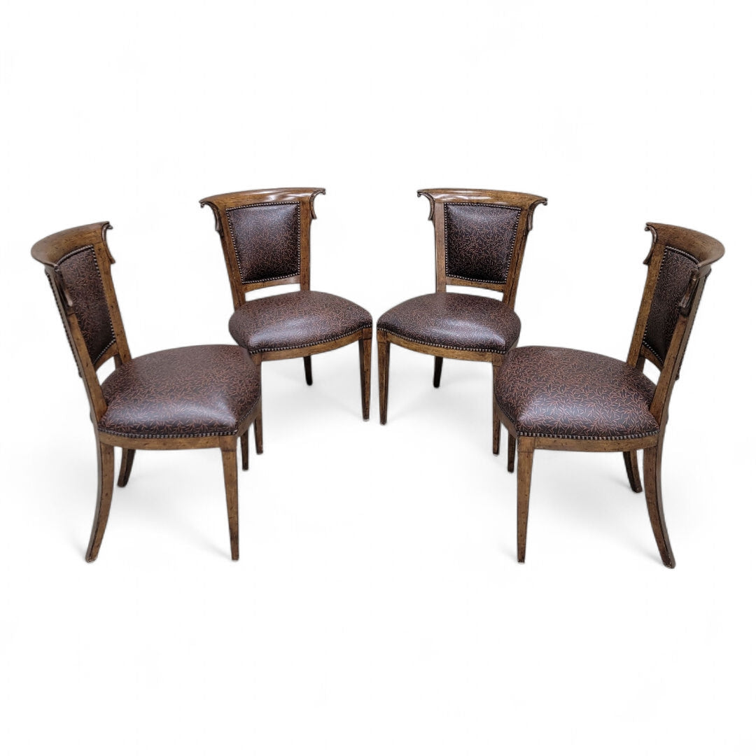 NEW - English Regency Styled Ash Wood Patterned Brown Leather Upholstered Nail Head Trim Dining Chairs - Set of 8