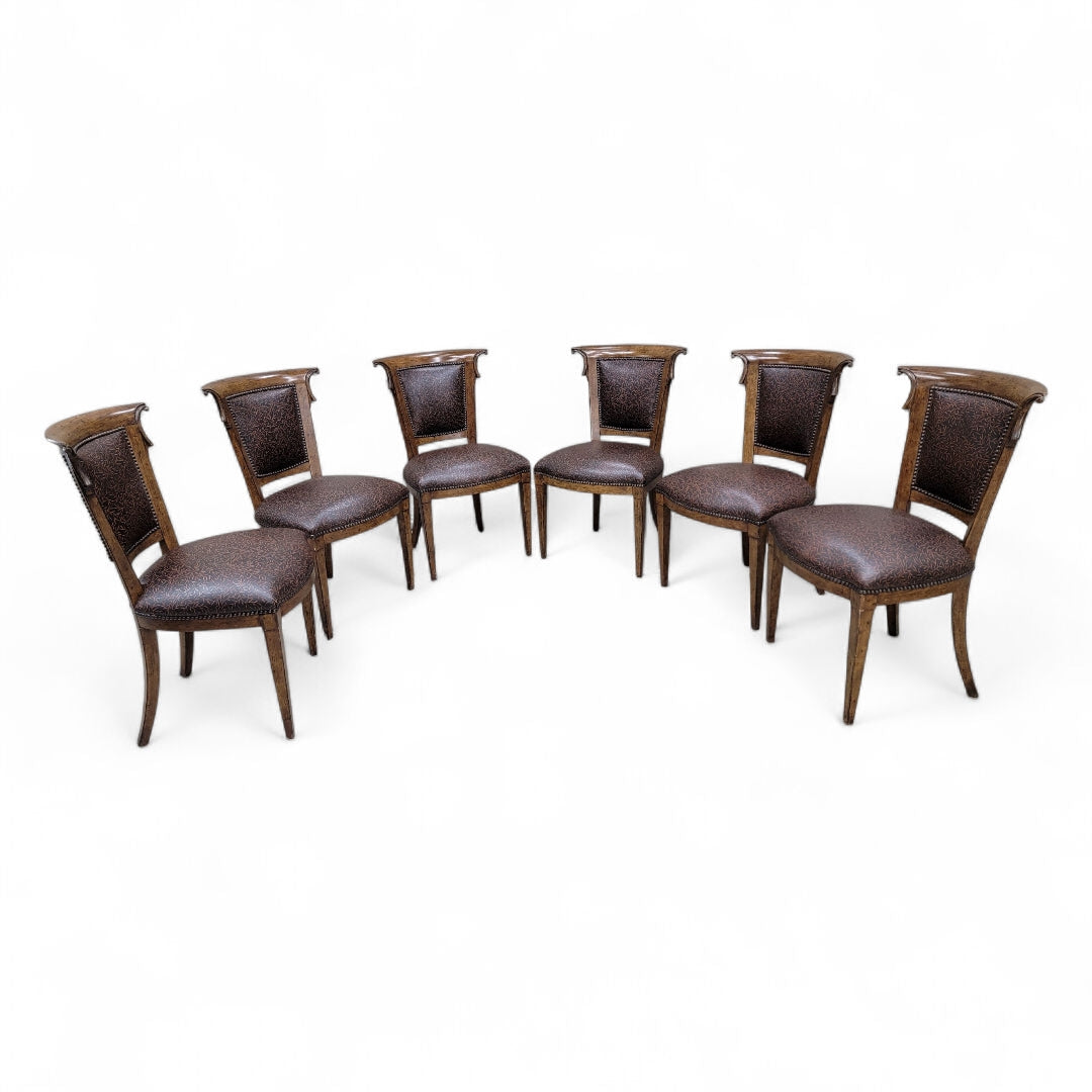 NEW - English Regency Styled Ash Wood Patterned Brown Leather Upholstered Nail Head Trim Dining Chairs - Set of 8