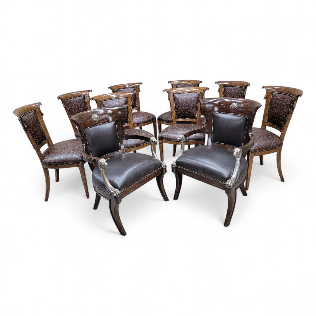 NEW - English Regency Styled Ash Wood Patterned Brown Leather Upholstered Nail Head Trim Dining Chairs - Set of 8