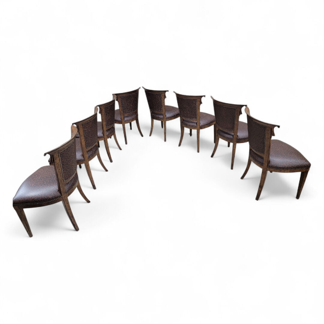 NEW - English Regency Styled Ash Wood Patterned Brown Leather Upholstered Nail Head Trim Dining Chairs - Set of 8