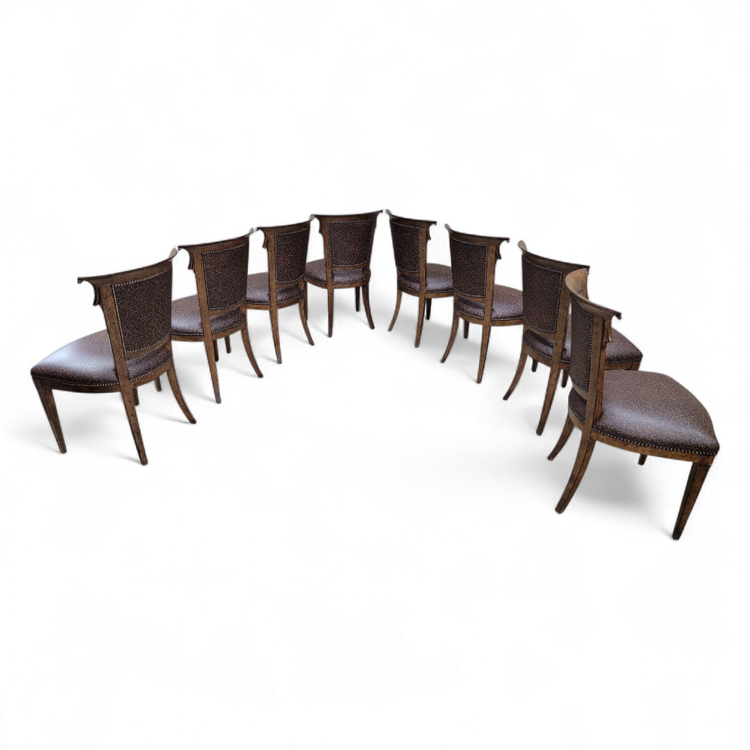 NEW - English Regency Styled Ash Wood Patterned Brown Leather Upholstered Nail Head Trim Dining Chairs - Set of 8