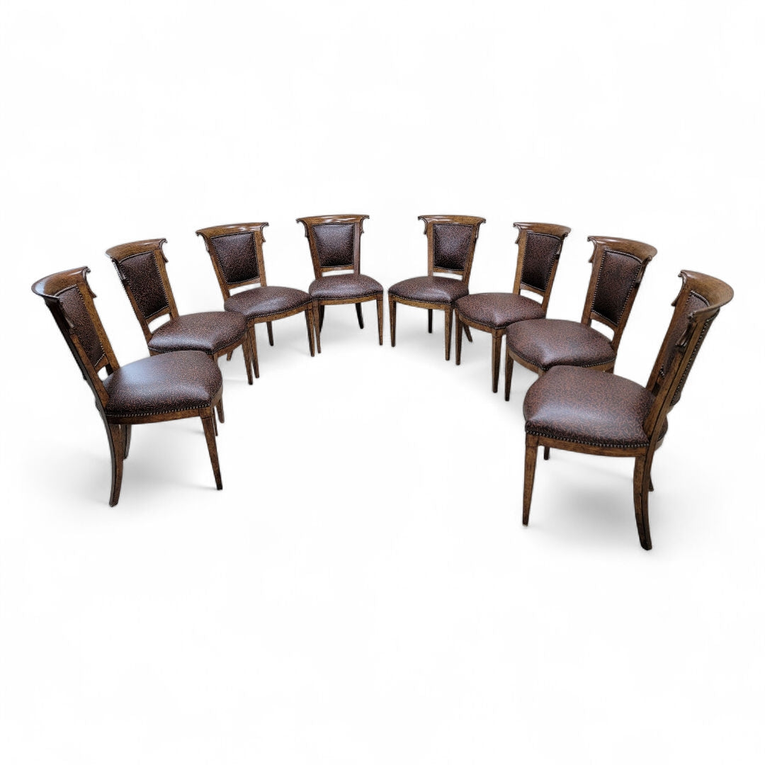 NEW - English Regency Styled Ash Wood Patterned Brown Leather Upholstered Nail Head Trim Dining Chairs - Set of 8
