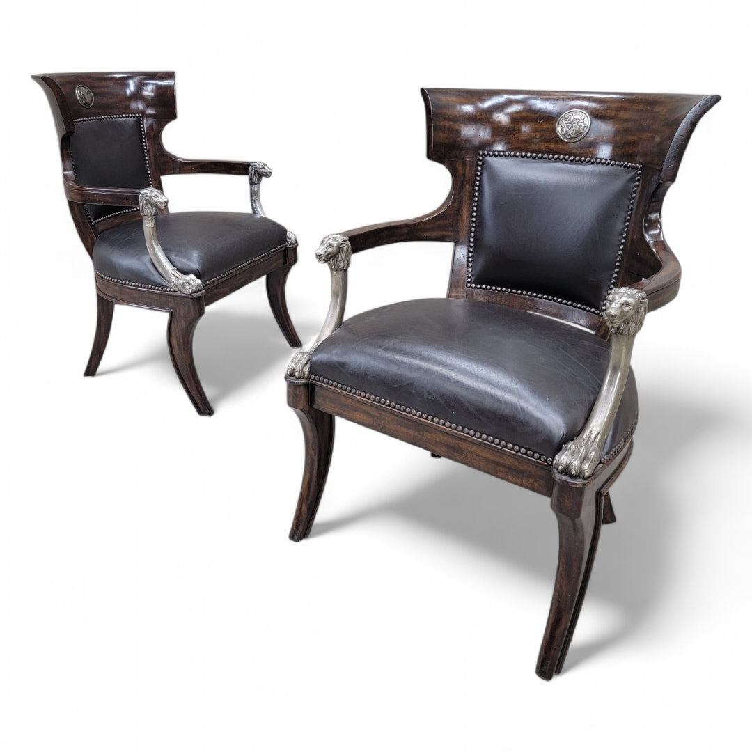 Vintage George IV English Regency Style Black Leather Chairs - Pair