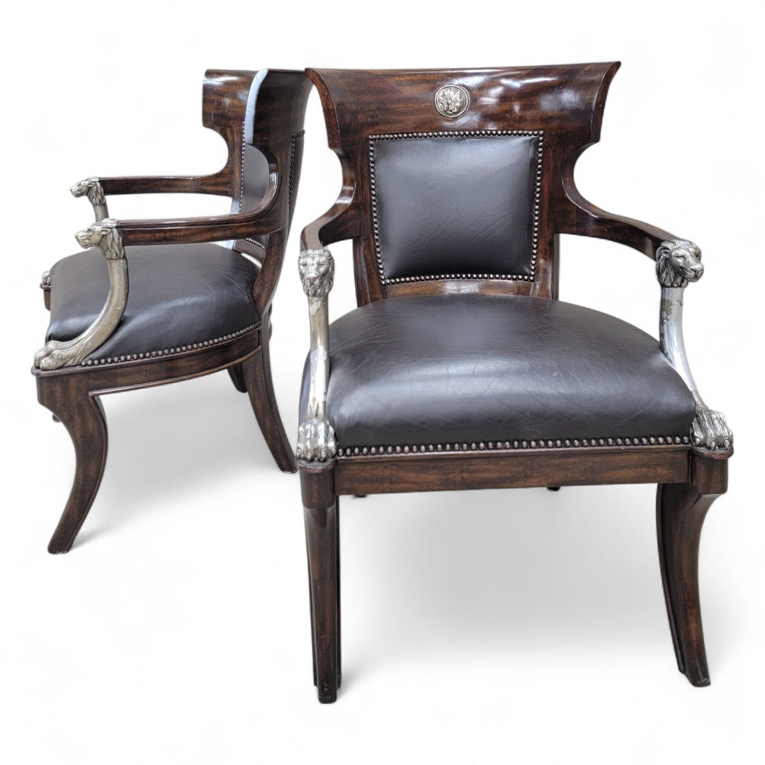 Vintage George IV English Regency Style Black Leather Chairs - Pair