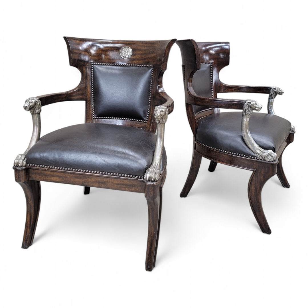 Vintage George IV English Regency Style Black Leather Chairs - Pair