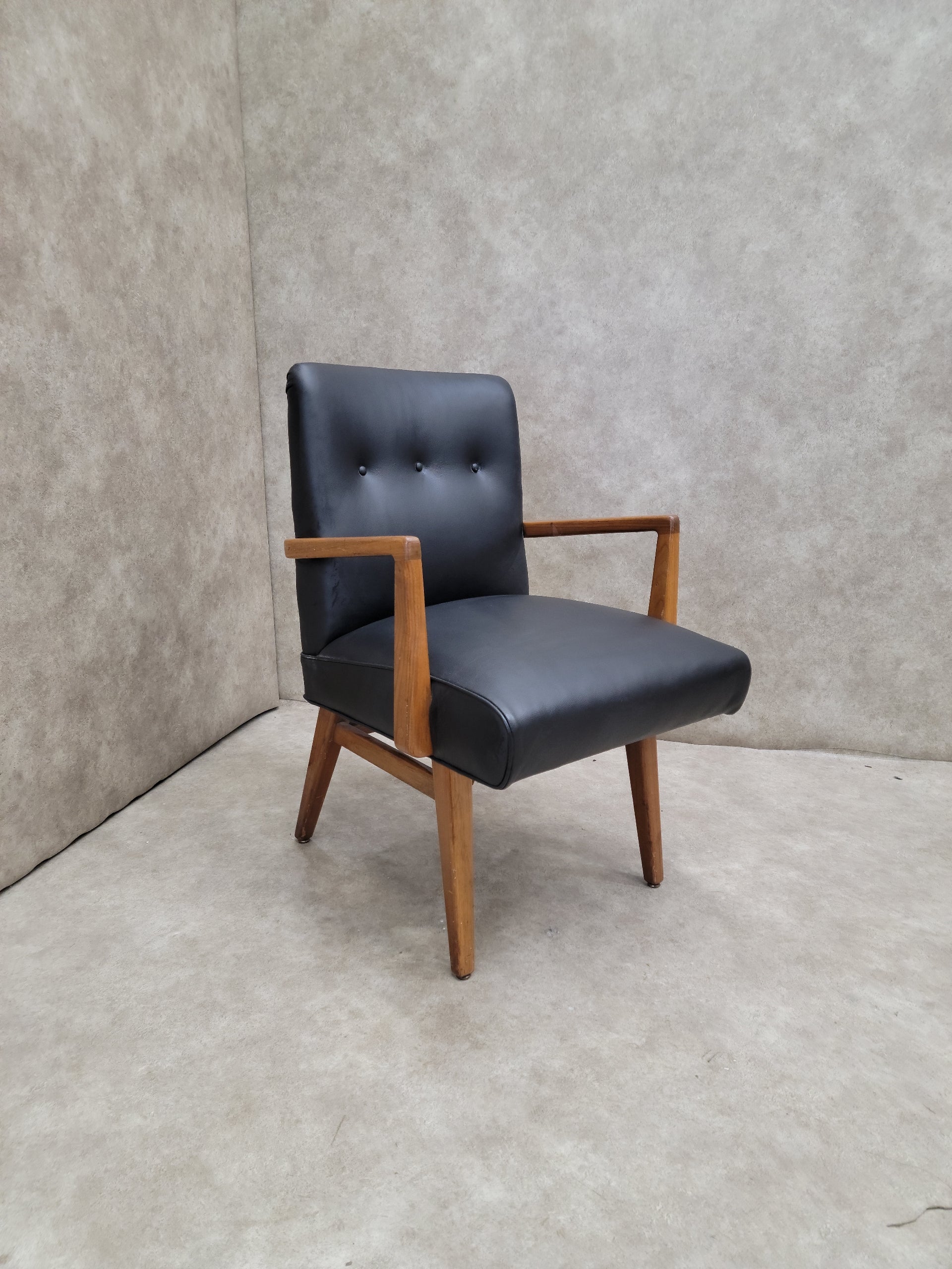 Mid Century Modern Jens Risom Side Chair In Black Leather
