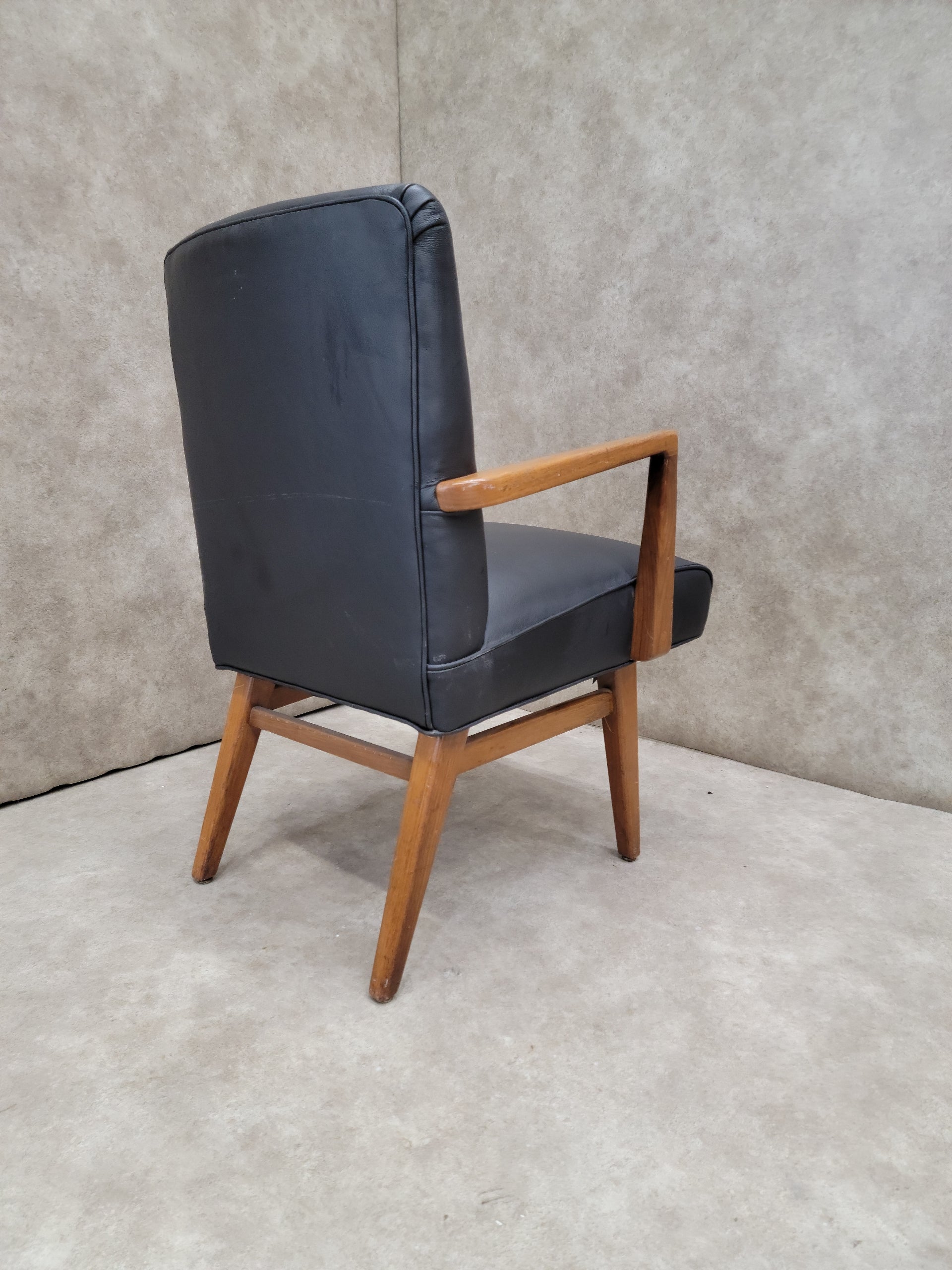 Mid Century Modern Jens Risom Side Chair In Black Leather
