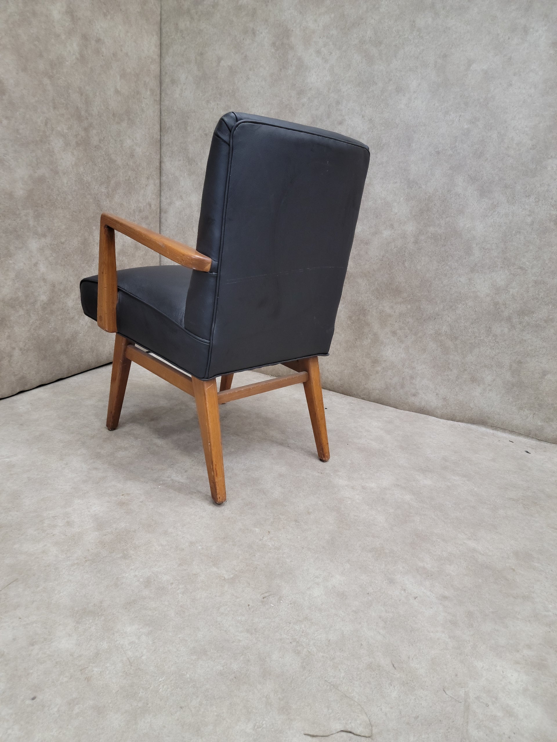 Mid Century Modern Jens Risom Side Chair In Black Leather