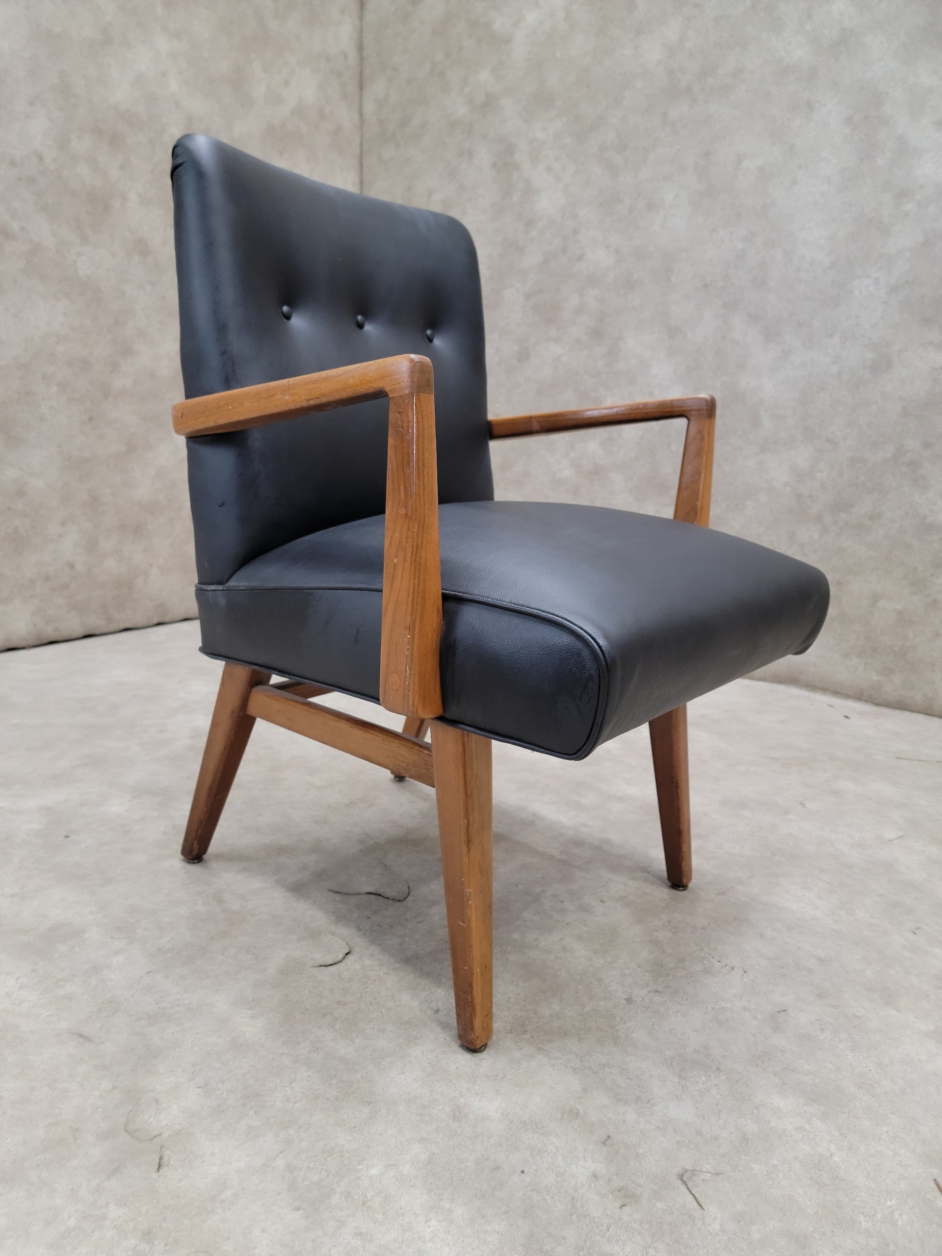 Mid Century Modern Jens Risom Side Chair In Black Leather