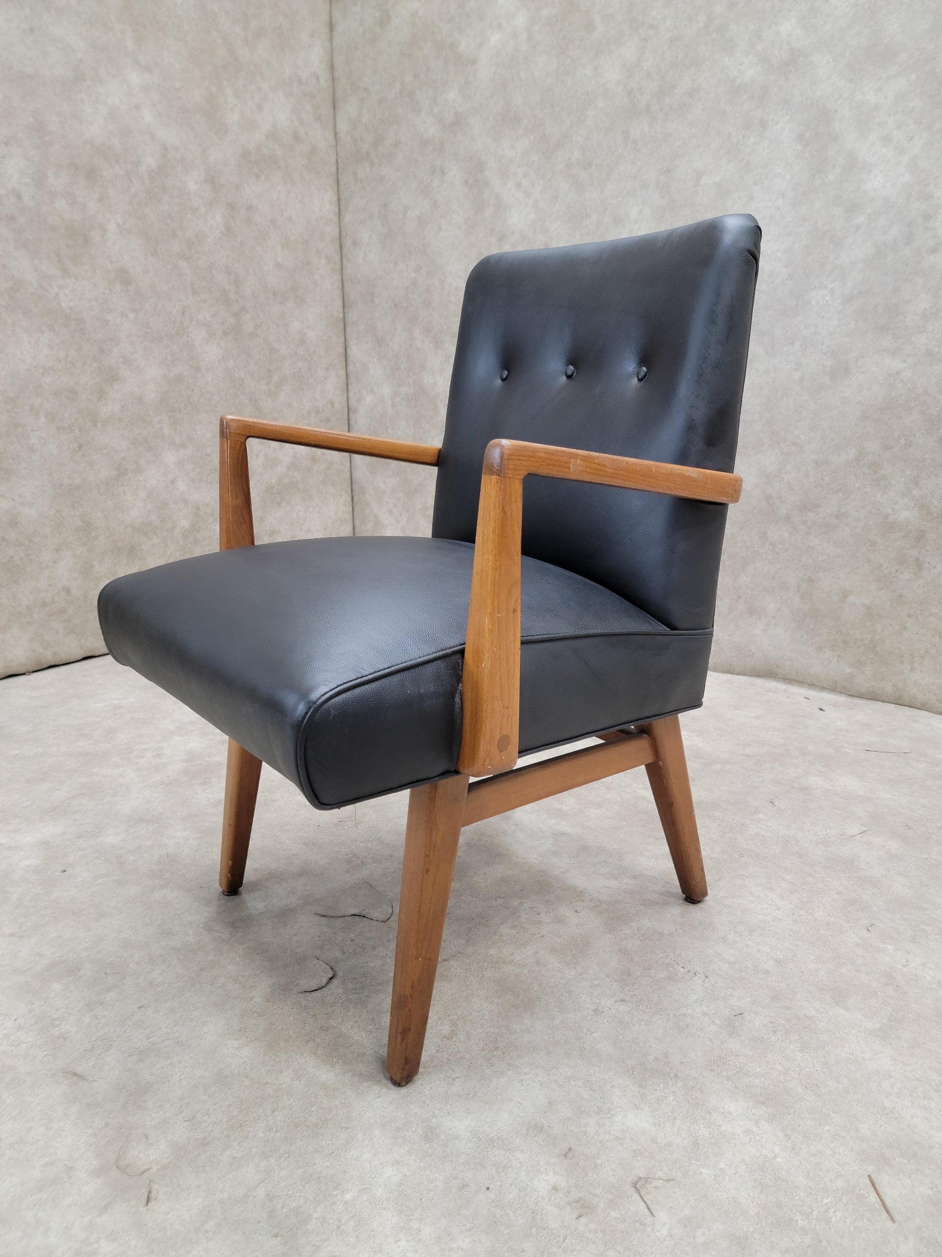 Mid Century Modern Jens Risom Side Chair In Black Leather
