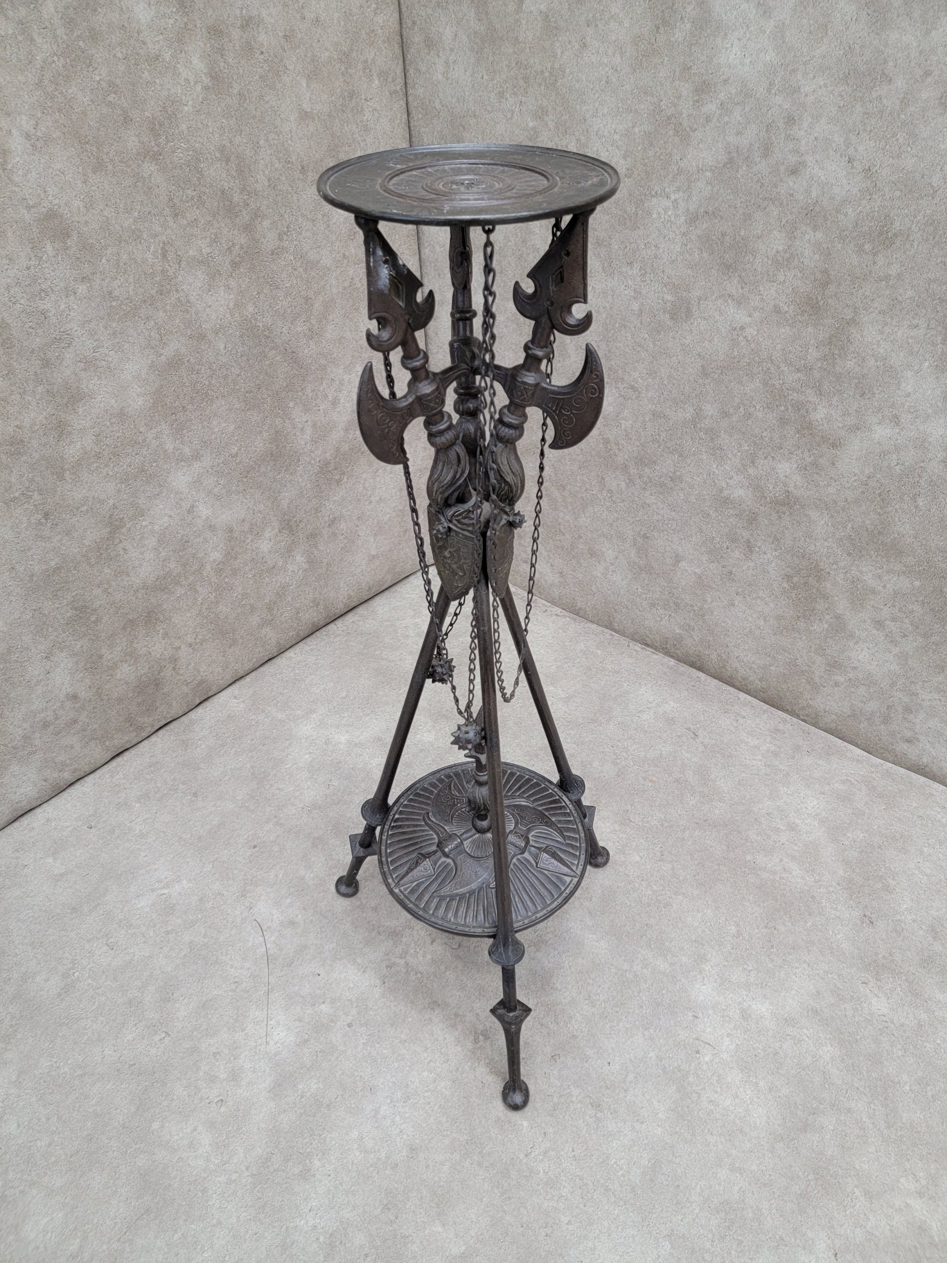 Vintage Bronze English Gothic Knight AX & Shield Footed Pedestal Stand