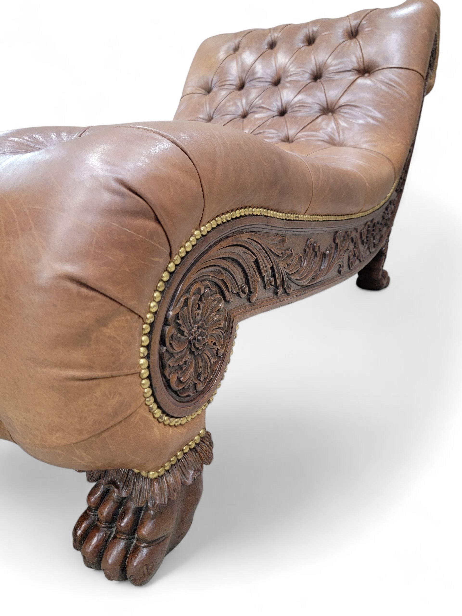 Antique Chesterfield Style Carved Oak Tufted Chaise Lounge