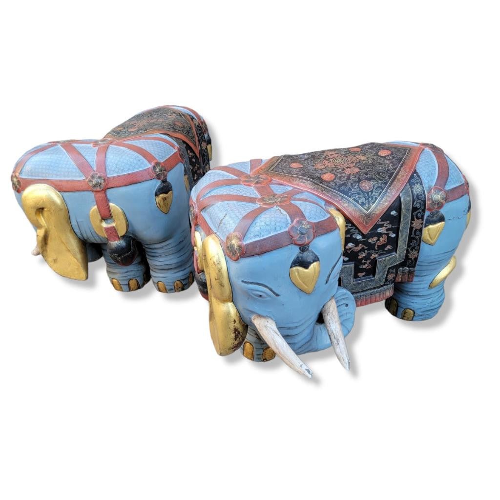 Antique Asian Carved & Hand-Painted Polychrome Elephant Stools/Garden Seats - Pair