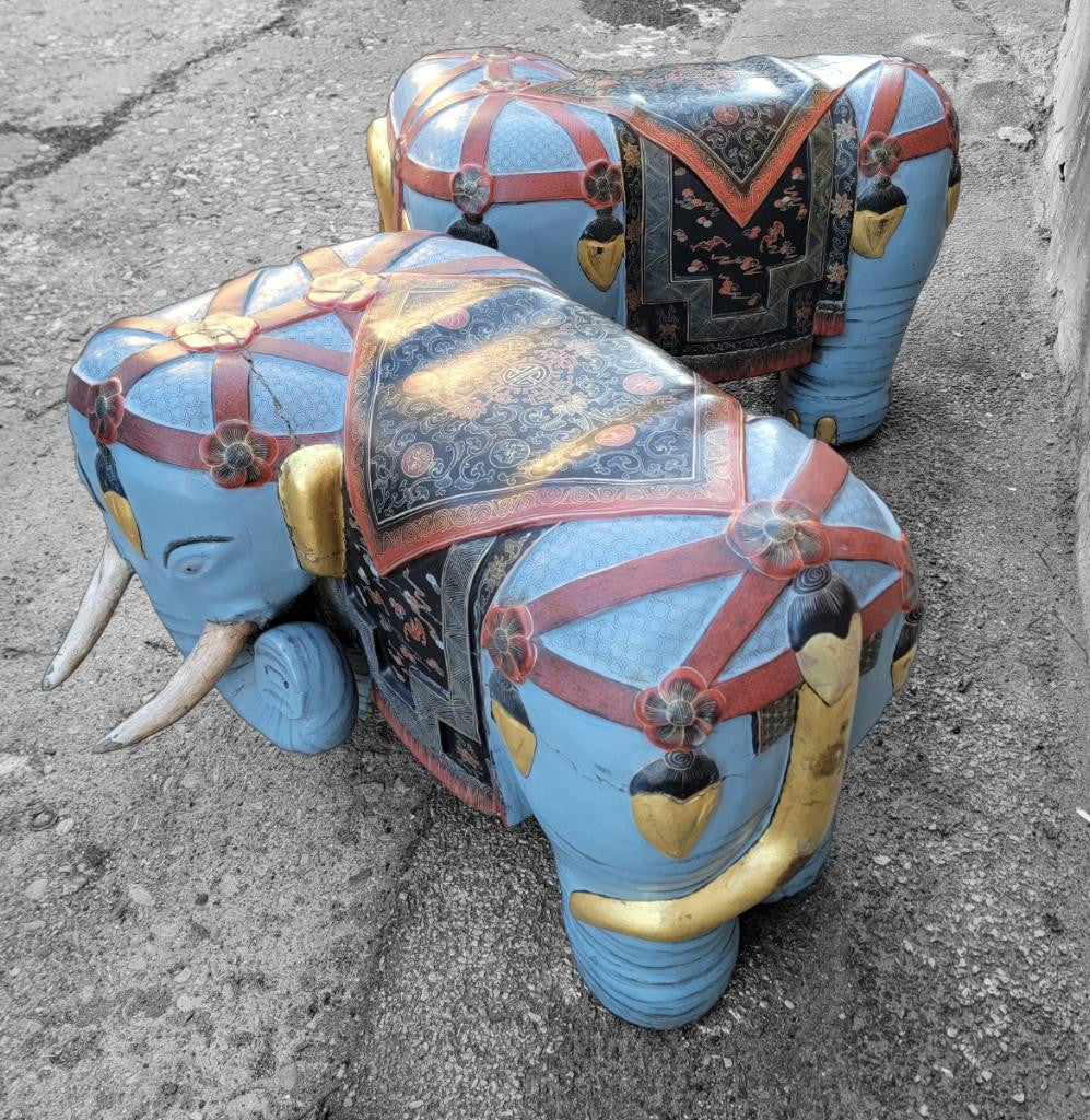Antique Asian Carved & Hand-Painted Polychrome Elephant Stools/Garden Seats - Pair