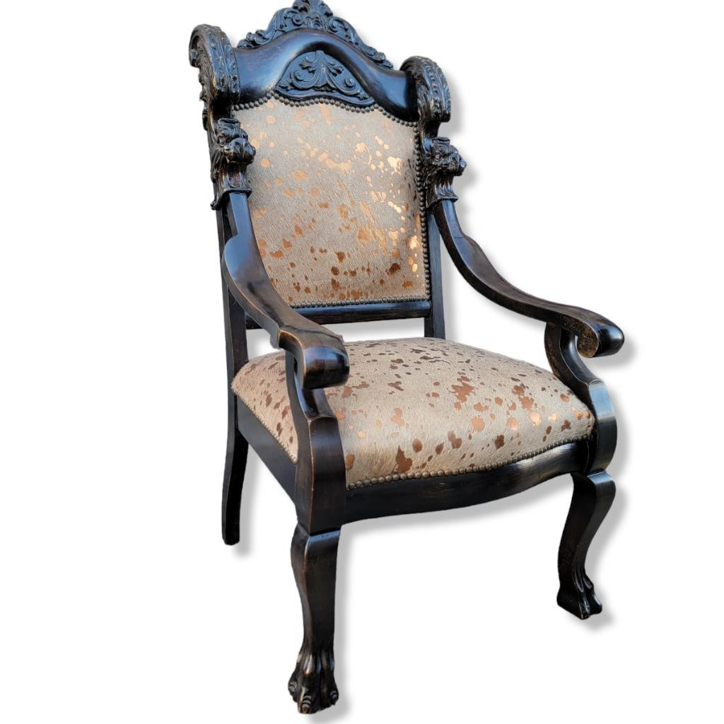 Antique French Baroque Carved Mahogany Fireside Throne Chair Newly Upholstered in Metallic Rose Gold Brazilian Cowhide