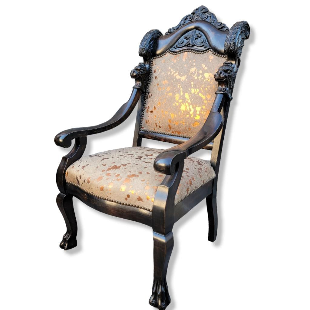 Antique French Baroque Carved Mahogany Fireside Throne Chair Newly Upholstered in Metallic Rose Gold Brazilian Cowhide