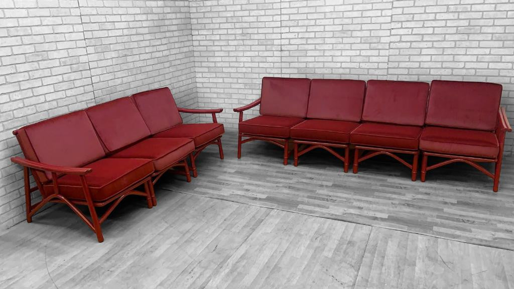 Mid Century Modern Asian Style 7 Piece Modular Sectional Sofa Set by John Wiser for Ficks Reed Newly Upholstered