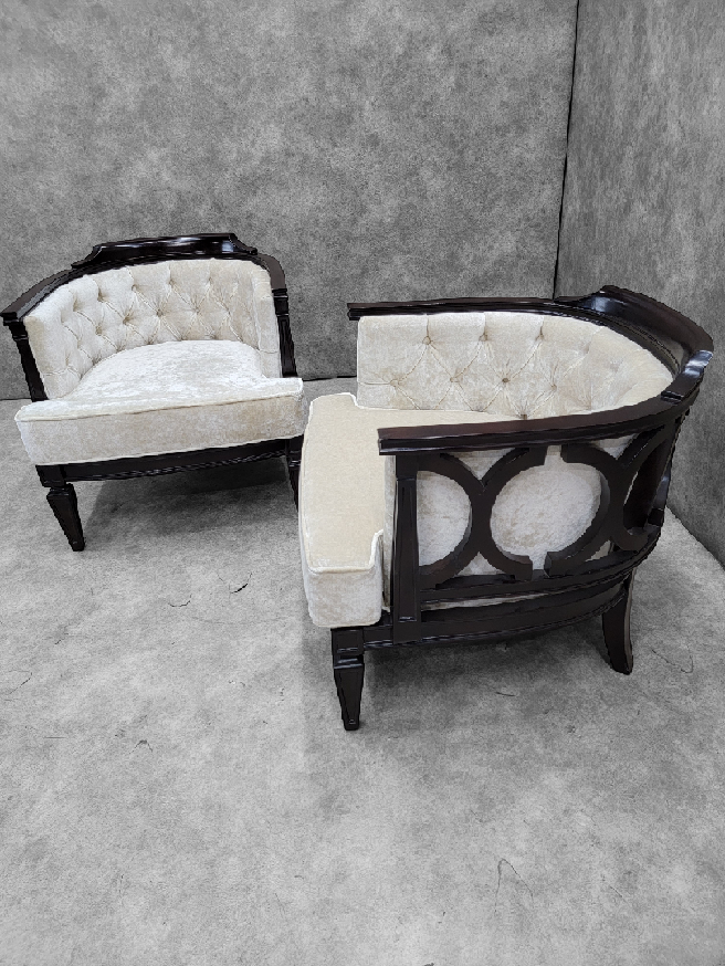 Vintage Modern Geometric Barrel Back Tufted Club Chairs Newly Upholstered in Velvet - Pair