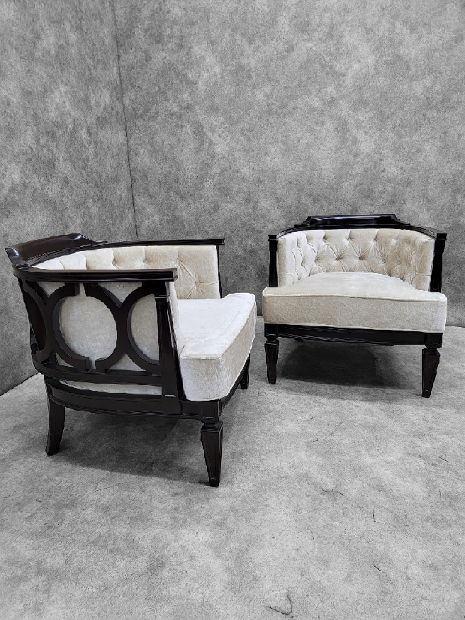 Vintage Modern Geometric Barrel Back Tufted Club Chairs Newly Upholstered in Velvet - Pair