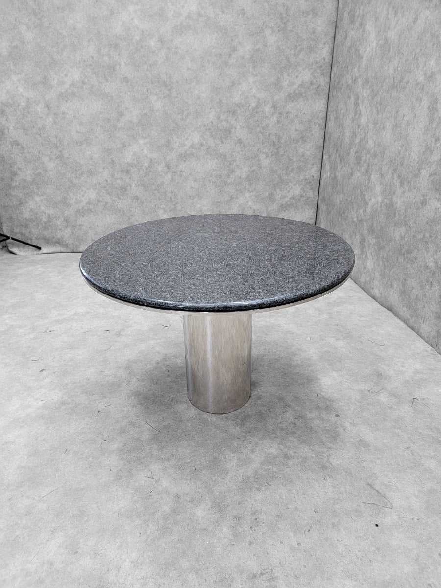 New - Mid Century Modern Anello Stainless Steel Pedestal Italian Granite Top Table by Brueton