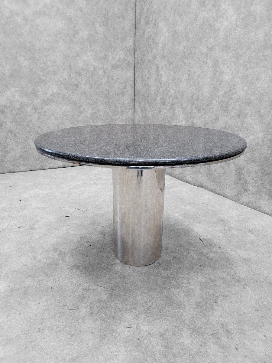 New - Mid Century Modern Anello Stainless Steel Pedestal Italian Granite Top Table by Brueton