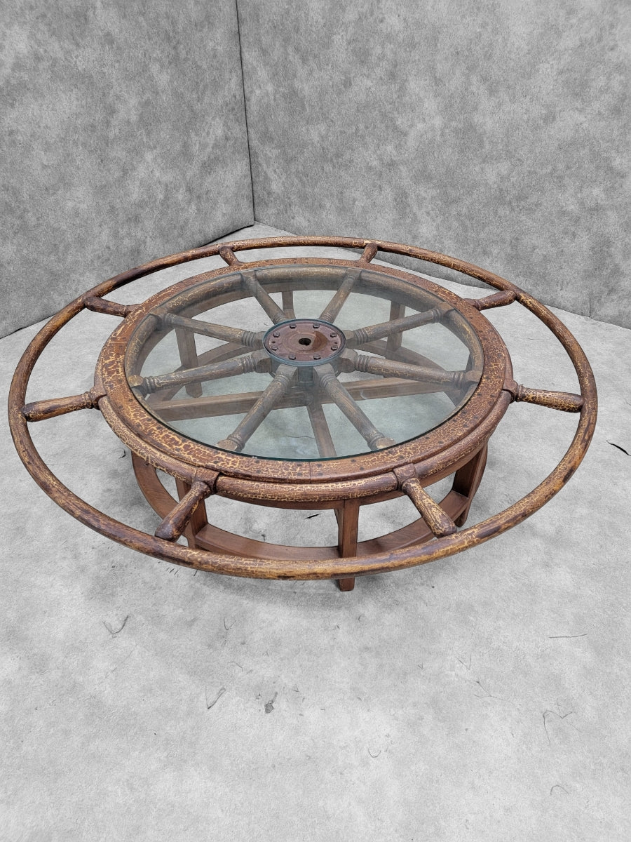 Antique Nautical Ships Wheel Custom Glass Top Coffee Table