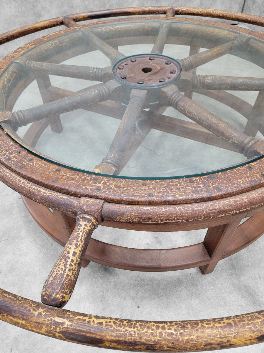 Antique Nautical Ships Wheel Custom Glass Top Coffee Table