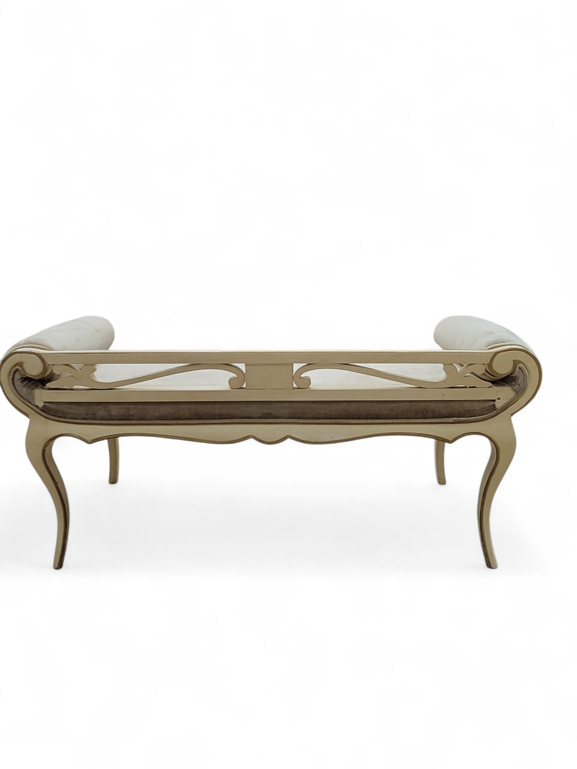 Vintage French Provincial Antique White Rolled Arm Bench by John Widdicomb