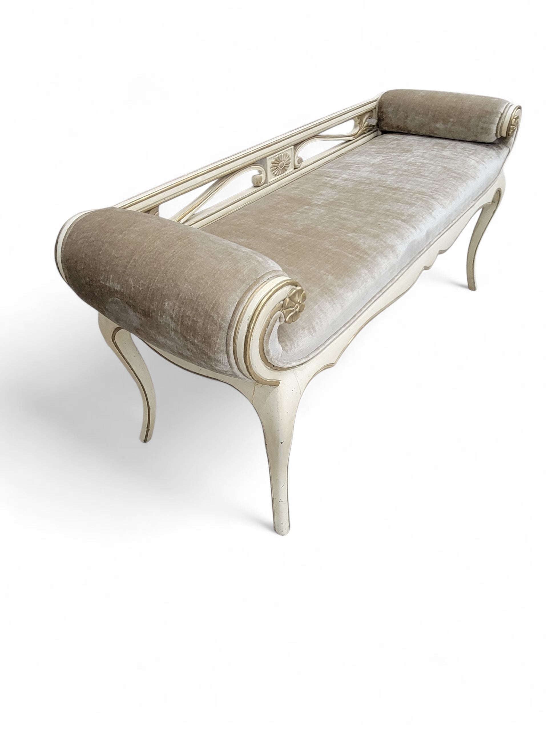 Vintage French Provincial Antique White Rolled Arm Bench by John Widdicomb