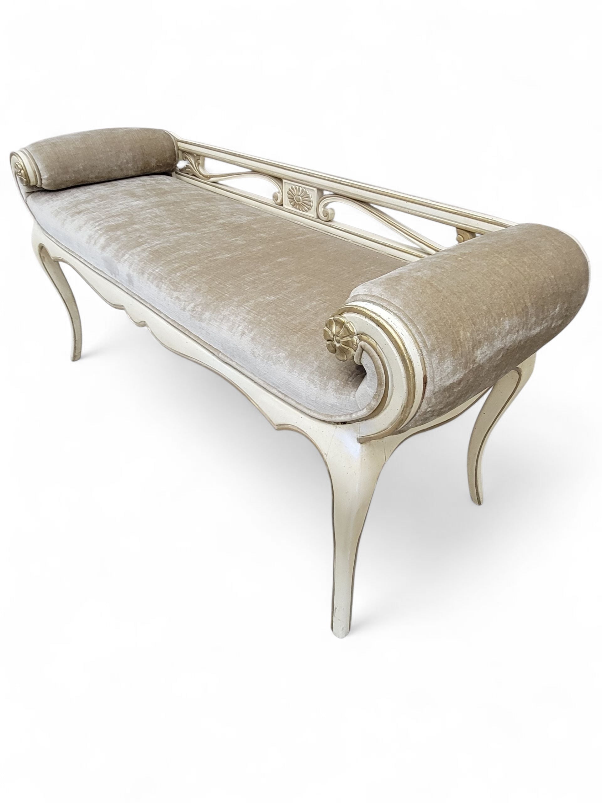Vintage French Provincial Antique White Rolled Arm Bench by John Widdicomb