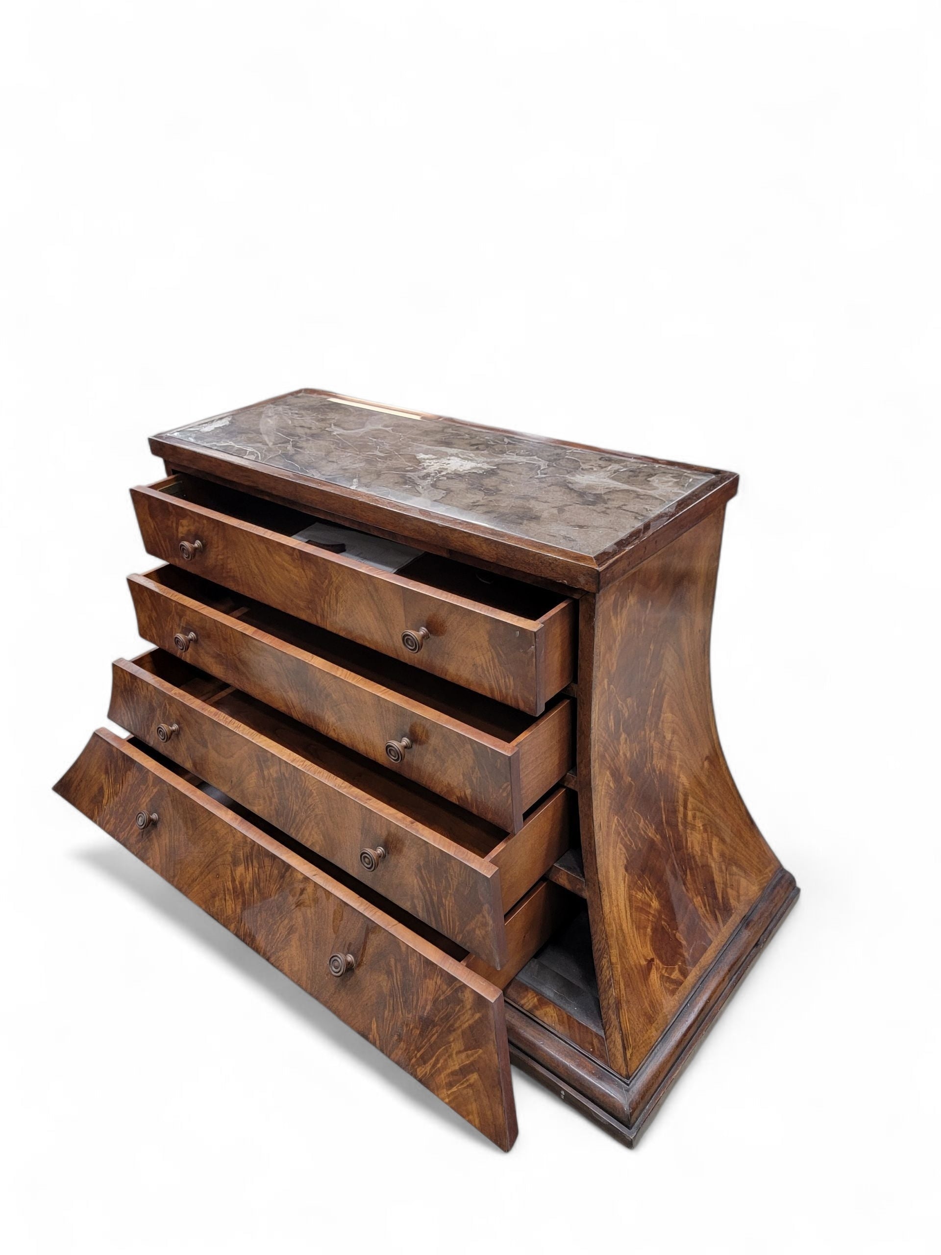 NEW - Vintage Set of Beautifully Crafted Arched Burl Walnut 4 Drawer Marble Top Monarch Dressers for Century Furniture - Set of 2