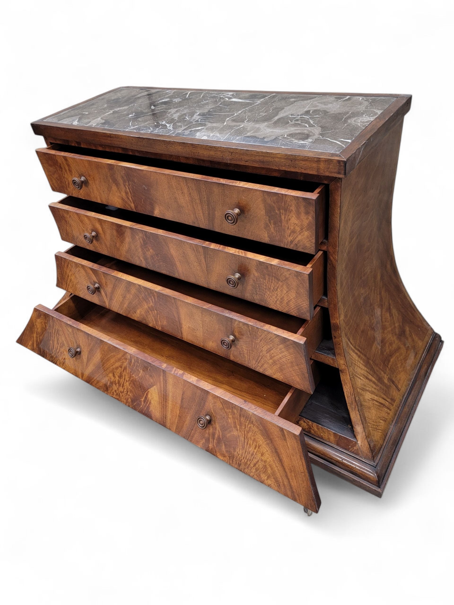 NEW - Vintage Set of Beautifully Crafted Arched Burl Walnut 4 Drawer Marble Top Monarch Dressers for Century Furniture - Set of 2