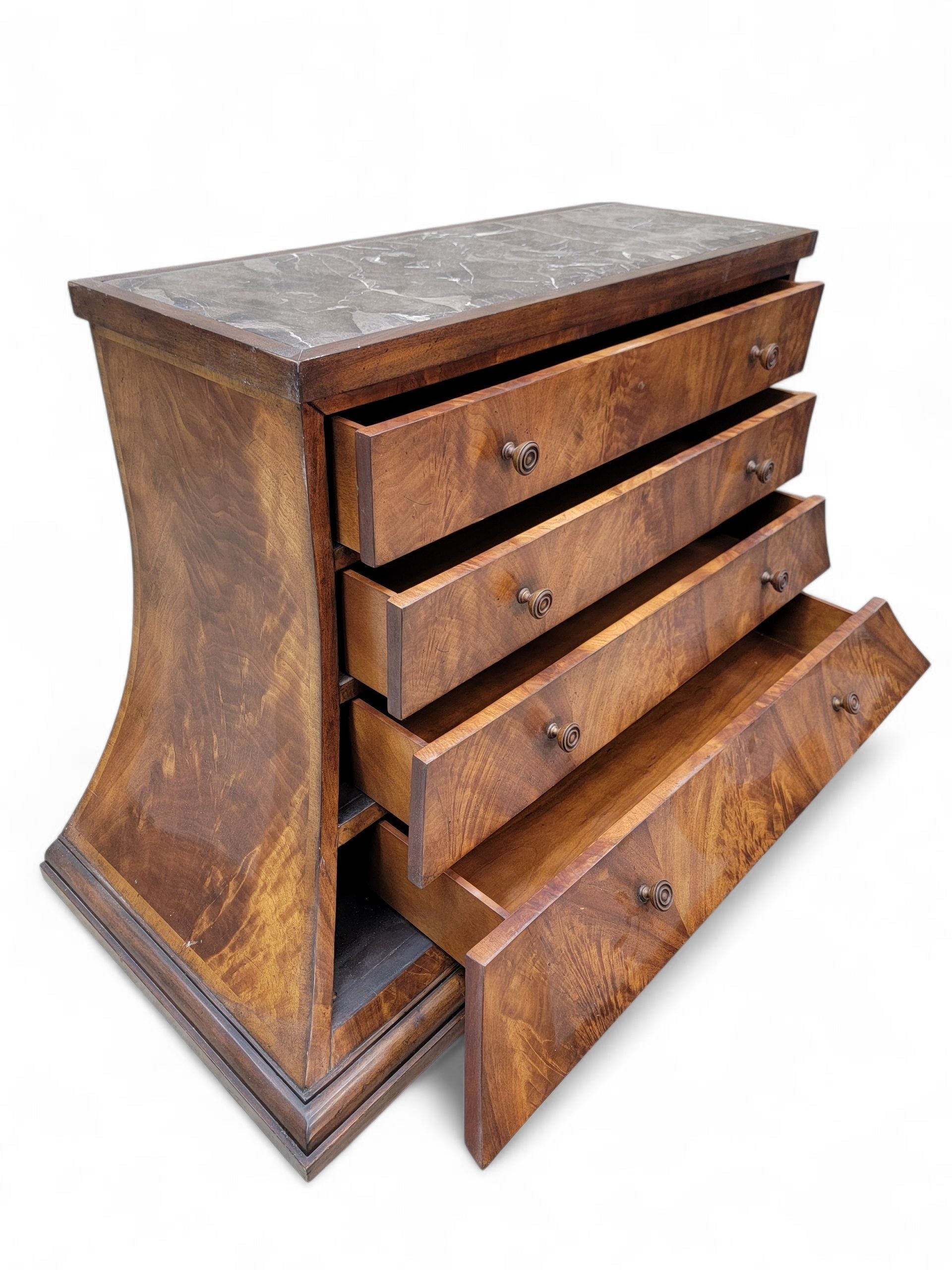 NEW - Vintage Set of Beautifully Crafted Arched Burl Walnut 4 Drawer Marble Top Monarch Dressers for Century Furniture - Set of 2