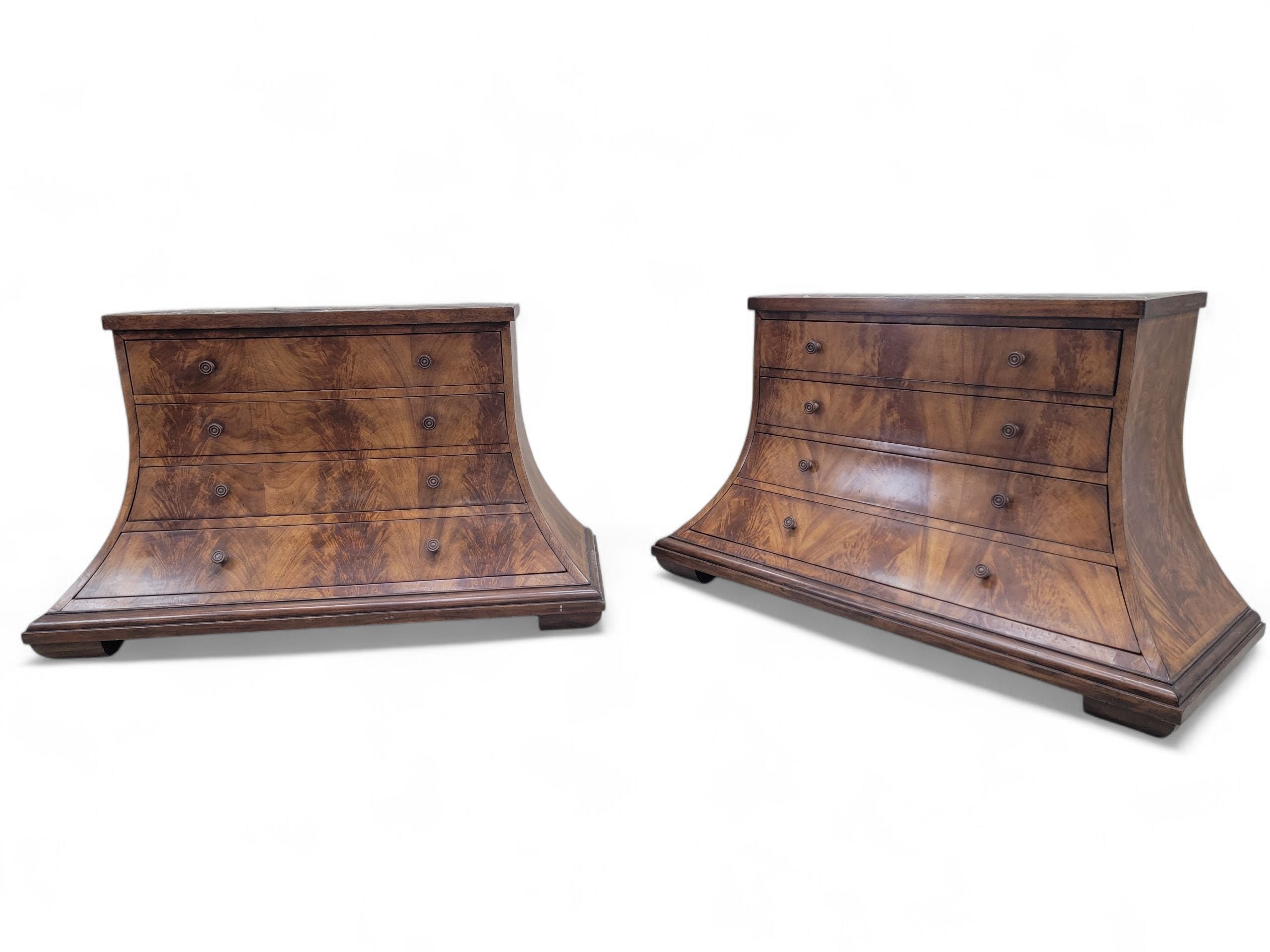 NEW - Vintage Set of Beautifully Crafted Arched Burl Walnut 4 Drawer Marble Top Monarch Dressers for Century Furniture - Set of 2